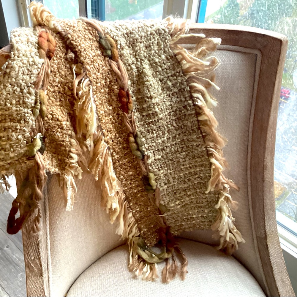 Artisan craft woven and knit scarf in neutral tones